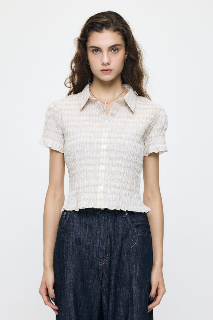 PLAID SHIRRING シャツ ECRU FREE