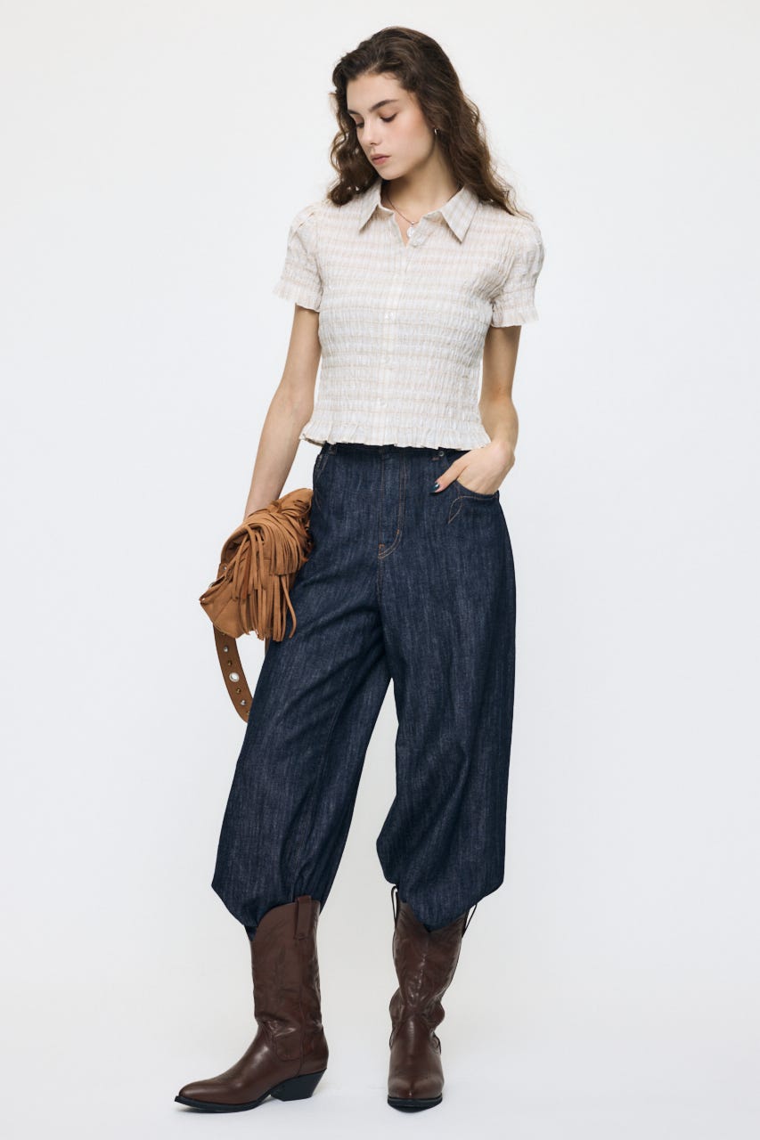 PLAID SHIRRING シャツ ECRU FREE