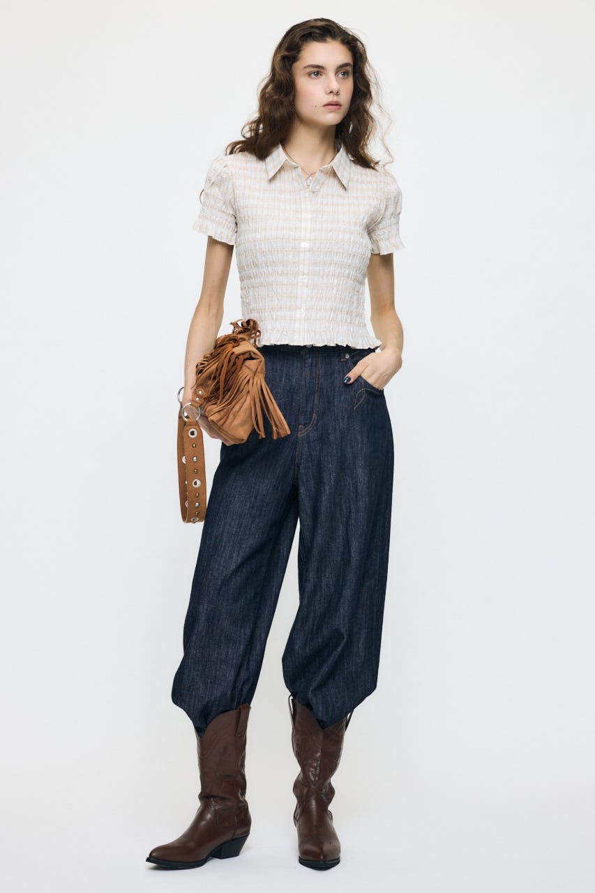 PLAID SHIRRING シャツ ECRU FREE