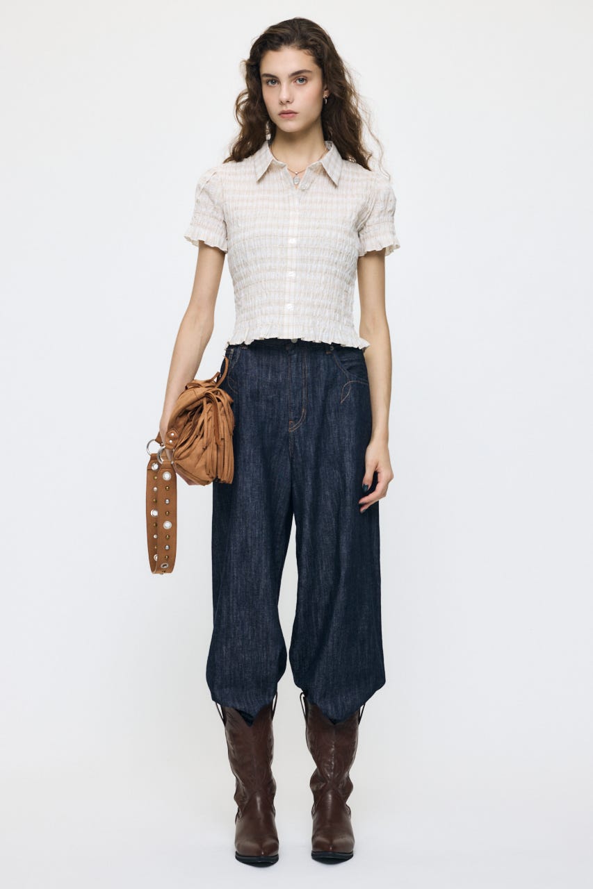 PLAID SHIRRING シャツ ECRU FREE