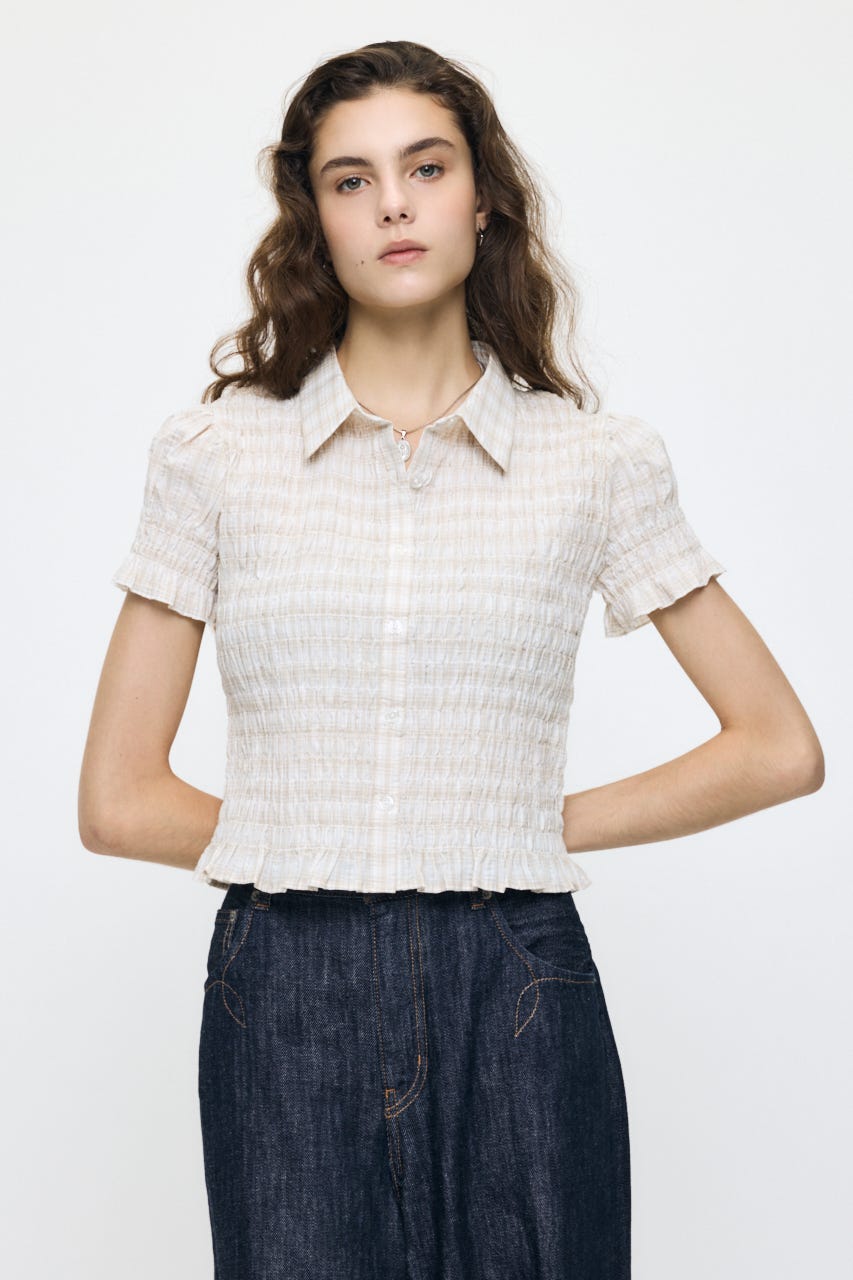PLAID SHIRRING シャツ ECRU FREE