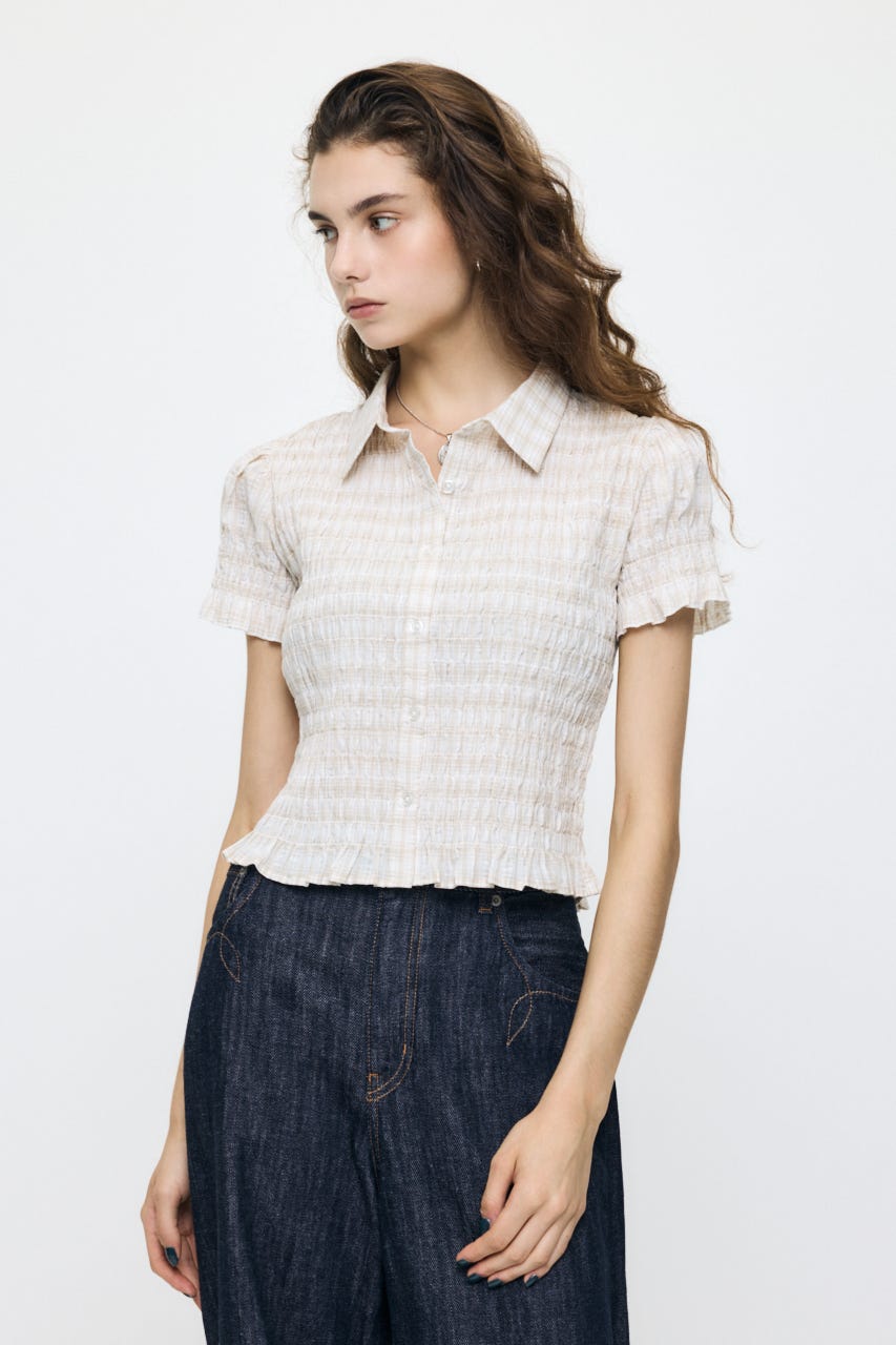 PLAID SHIRRING シャツ ECRU FREE