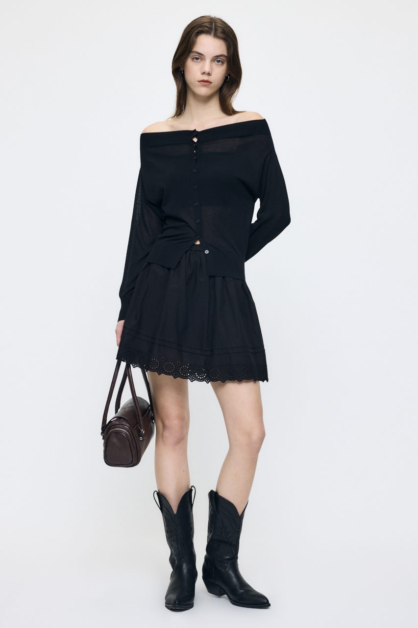 EYELET HEM FLARE MINI スカート BLK 1