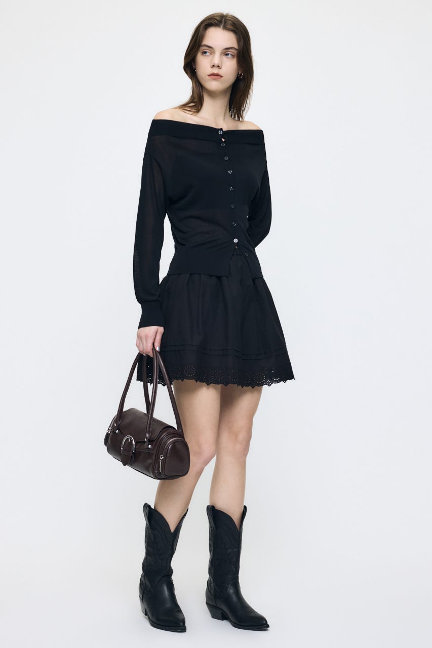 EYELET HEM FLARE MINI スカート BLK 1