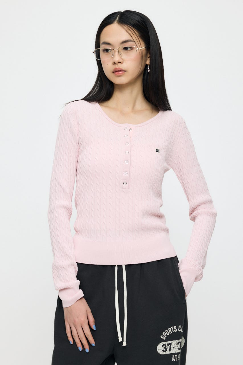 HENRY NECK CABLE KNIT トップス L/PNK FREE