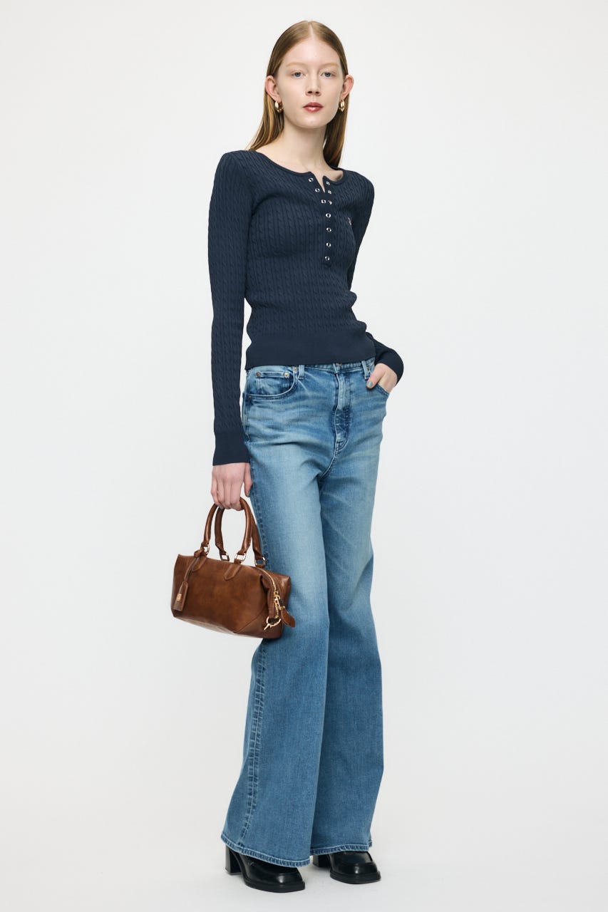 HENRY NECK CABLE KNIT トップス NVY FREE
