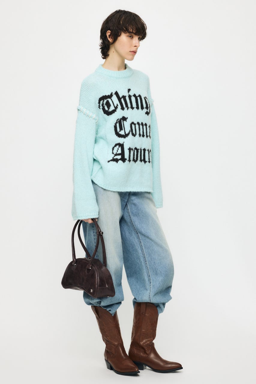 JACQUARD WORD セーター L/BLU FREE