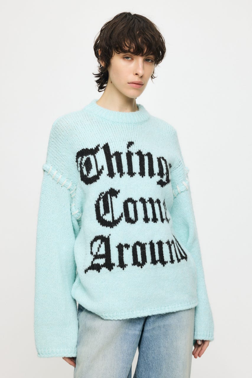 JACQUARD WORD セーター L/BLU FREE