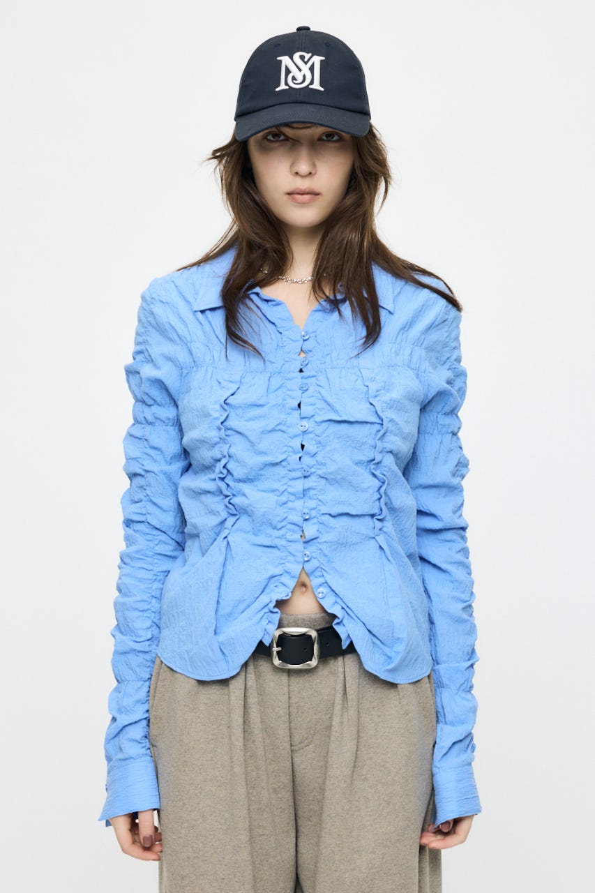【SS先行アイテム】BUTTON UP SHIRRING シャツ BLU FREE