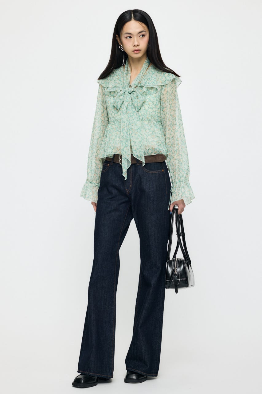 BOW TIE CHIFFON ブラウス 柄GRN FREE