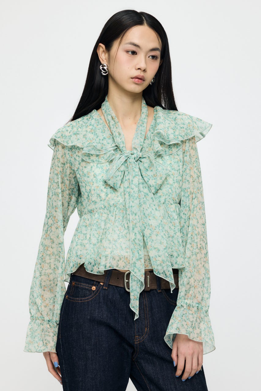 BOW TIE CHIFFON ブラウス 柄GRN FREE