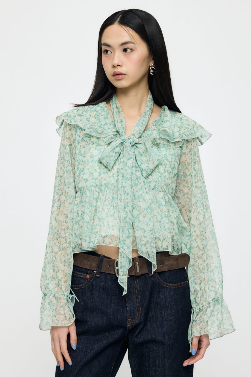 BOW TIE CHIFFON ブラウス 柄GRN FREE