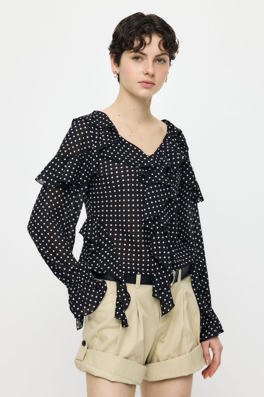 CHIFFON RUFFLE  ブラウス 柄BLK FREE