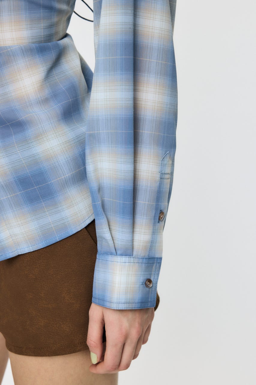 FADE CHECK SHEER OVER シャツ 柄BLU FREE
