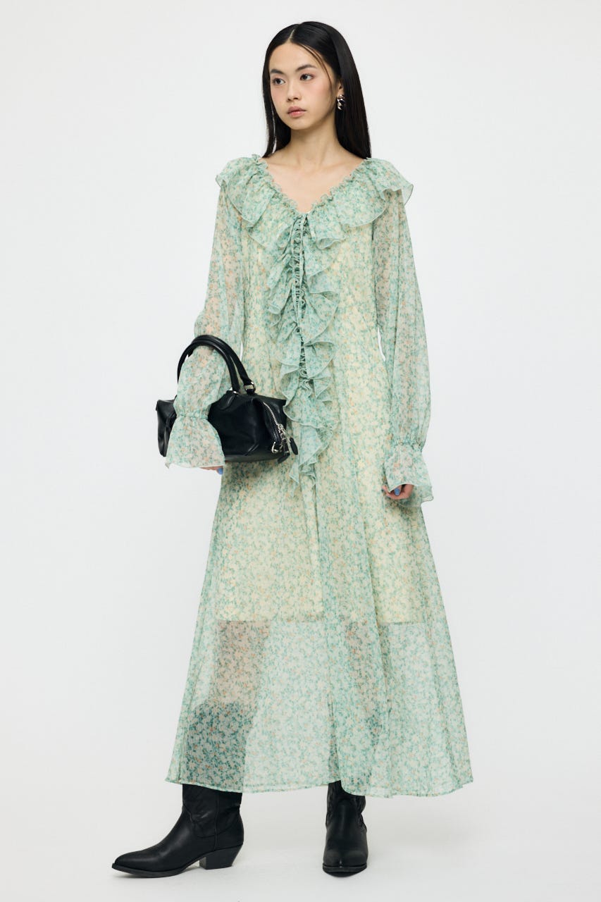 RUFFLE CHIFFON MAXI ドレス 柄GRN 1