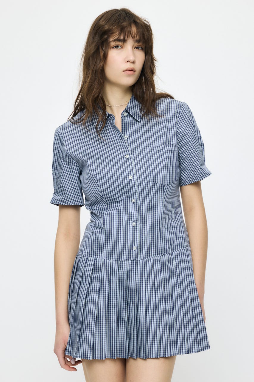 PLEATED SHIRT MINI ドレス 柄BLU 1