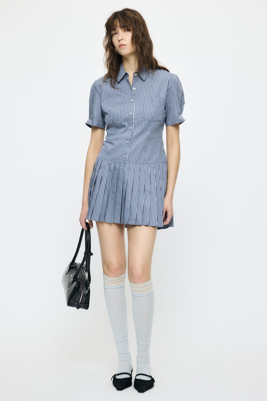PLEATED SHIRT MINI ドレス 柄BLU 1