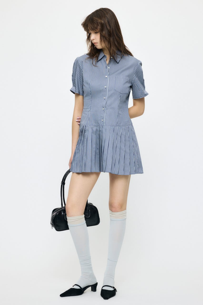 PLEATED SHIRT MINI ドレス 柄BLU 1
