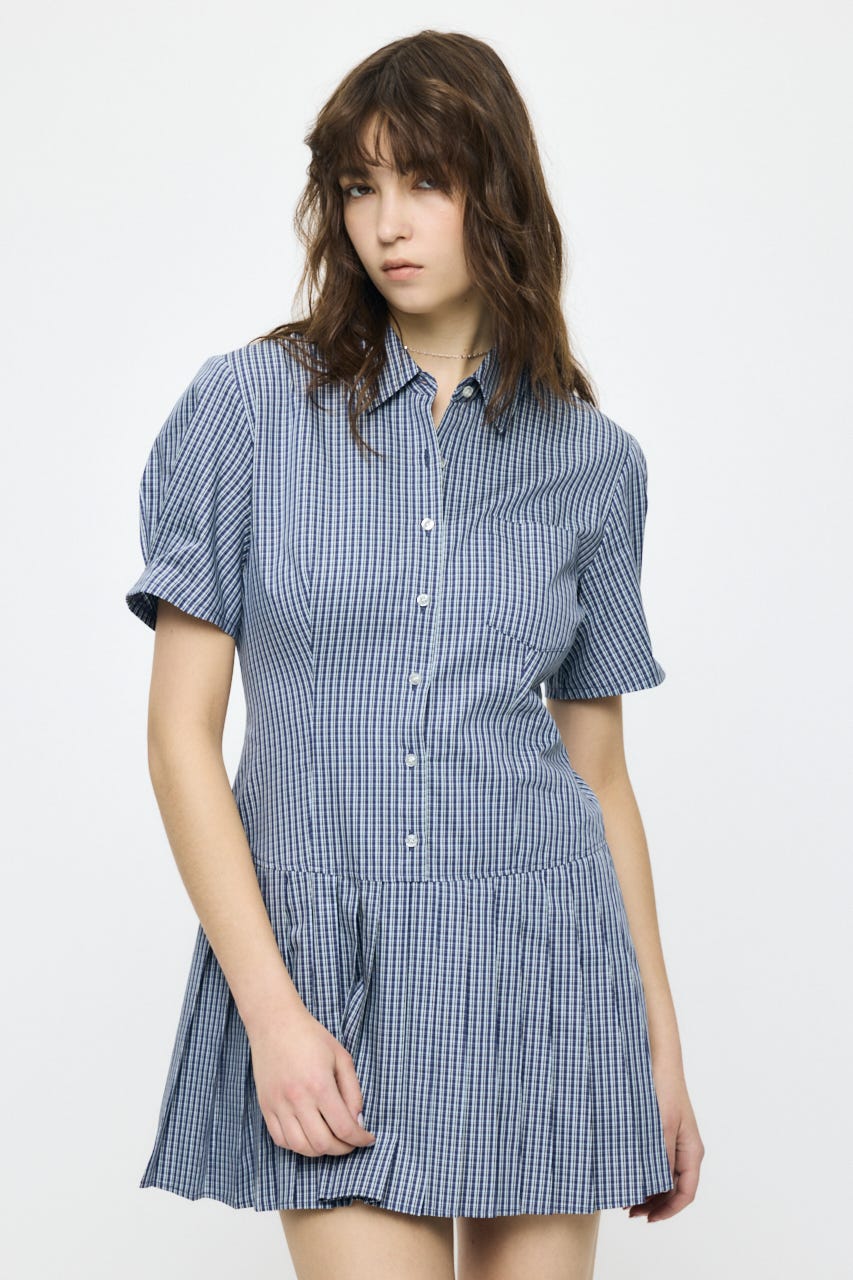PLEATED SHIRT MINI ドレス 柄BLU 1