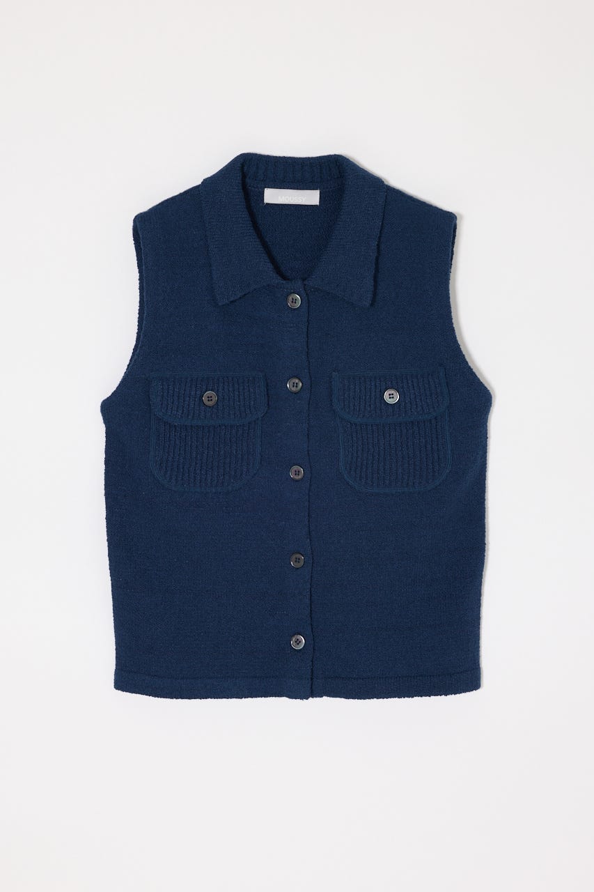 BUTTON UP SLEEVELESS KNIT ポロ NVY FREE