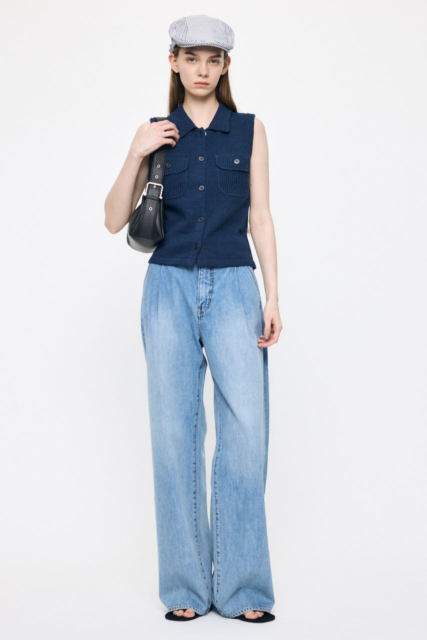 BUTTON UP SLEEVELESS KNIT ポロ NVY FREE
