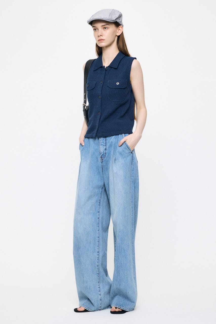 BUTTON UP SLEEVELESS KNIT ポロ NVY FREE