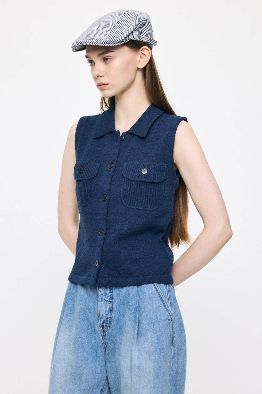 BUTTON UP SLEEVELESS KNIT ポロ NVY FREE