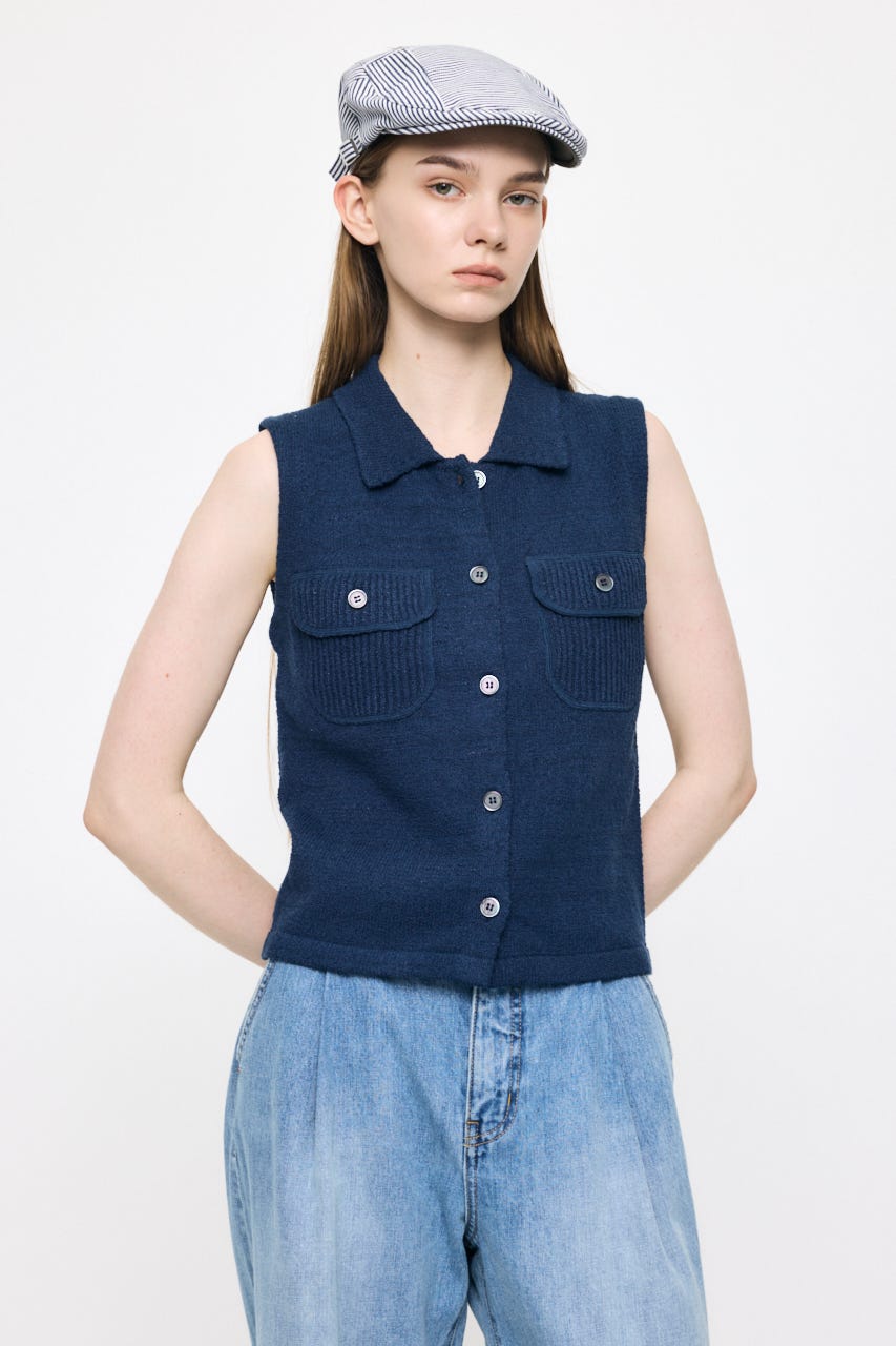BUTTON UP SLEEVELESS KNIT ポロ NVY FREE