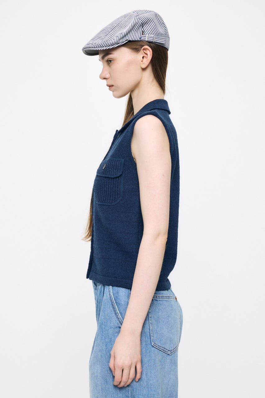 BUTTON UP SLEEVELESS KNIT ポロ NVY FREE