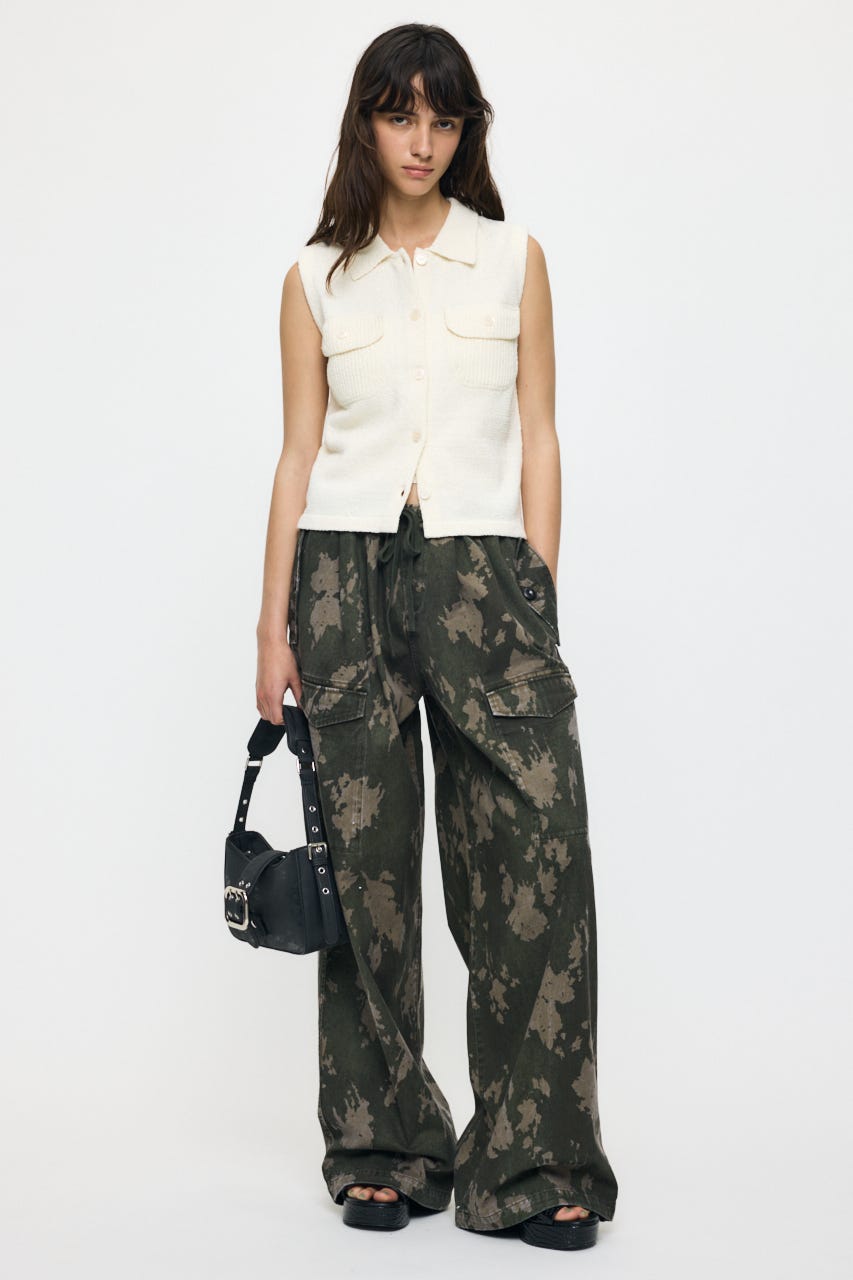 BUTTON UP SLEEVELESS KNIT ポロ O/WHT FREE
