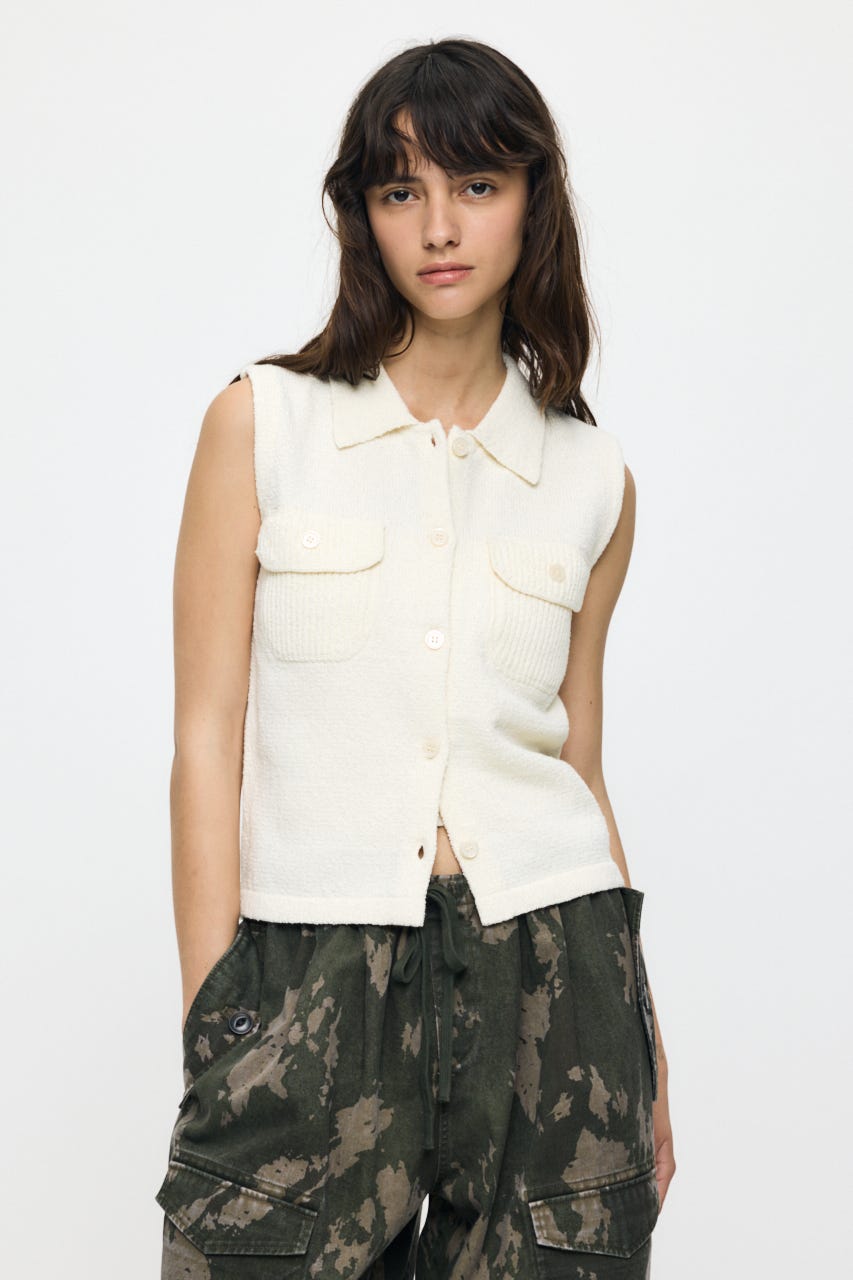 BUTTON UP SLEEVELESS KNIT ポロ O/WHT FREE