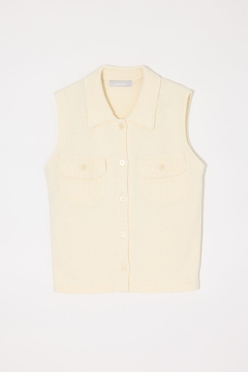 BUTTON UP SLEEVELESS KNIT ポロ O/WHT FREE