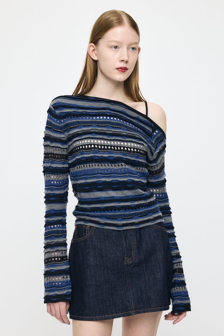 RANDOM STRIPE OFF SHOULDER トップス 柄BLU FREE