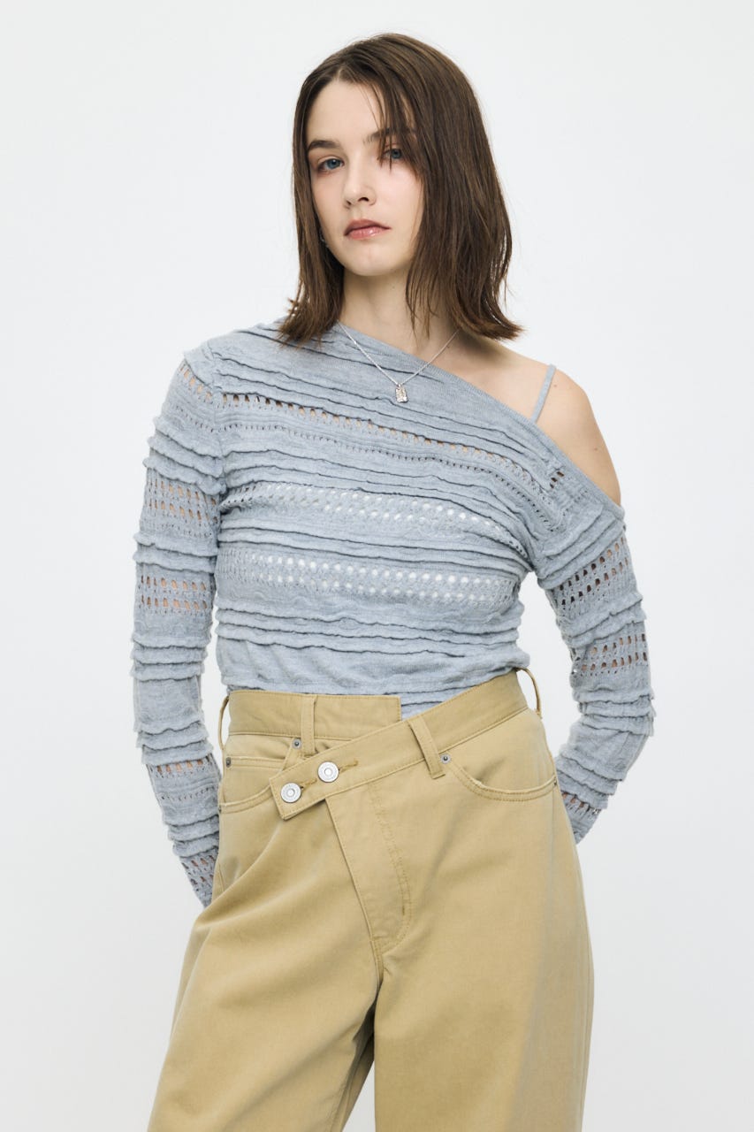 RANDOM STRIPE OFF SHOULDER トップス T.GRY FREE