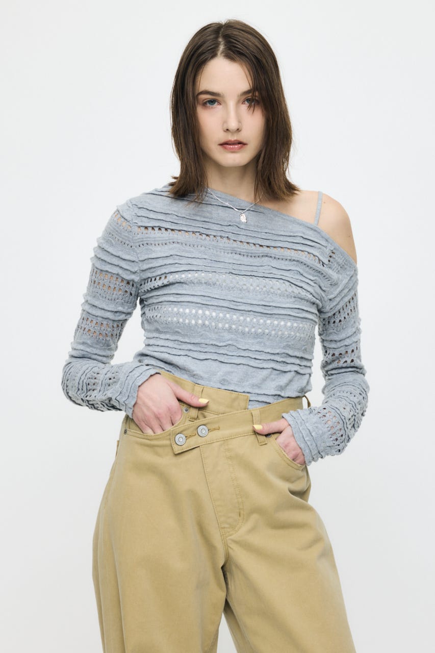 RANDOM STRIPE OFF SHOULDER トップス T.GRY FREE