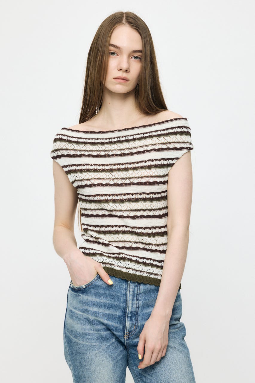 STRIPED OFF SHOULDER トップス 柄KHA FREE