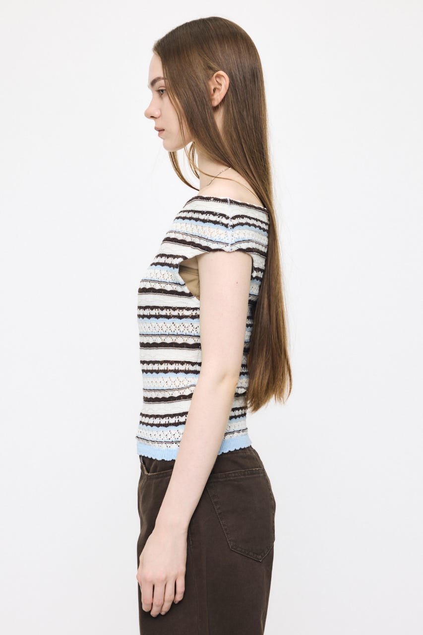 STRIPED OFF SHOULDER トップス 柄WHT FREE