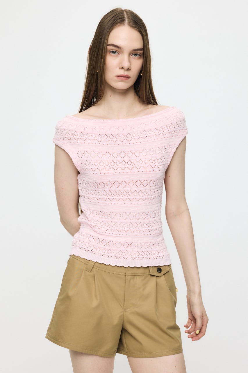 STRIPED OFF SHOULDER トップス L/PNK FREE