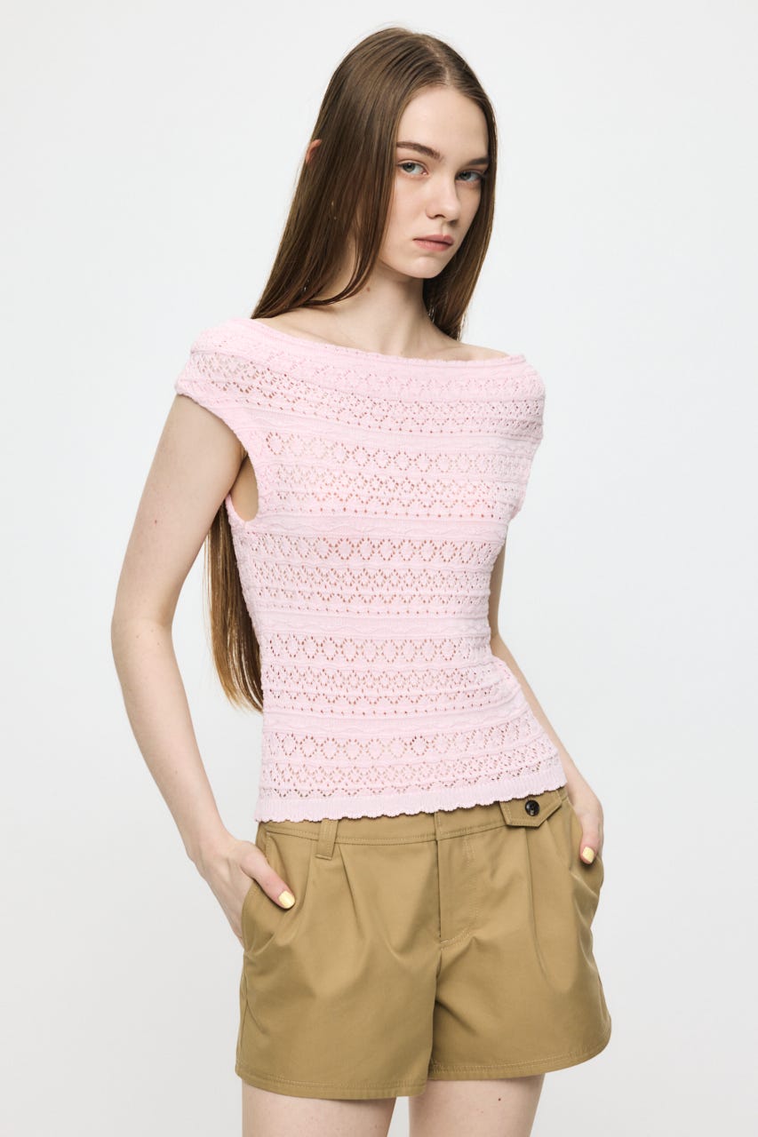 STRIPED OFF SHOULDER トップス L/PNK FREE