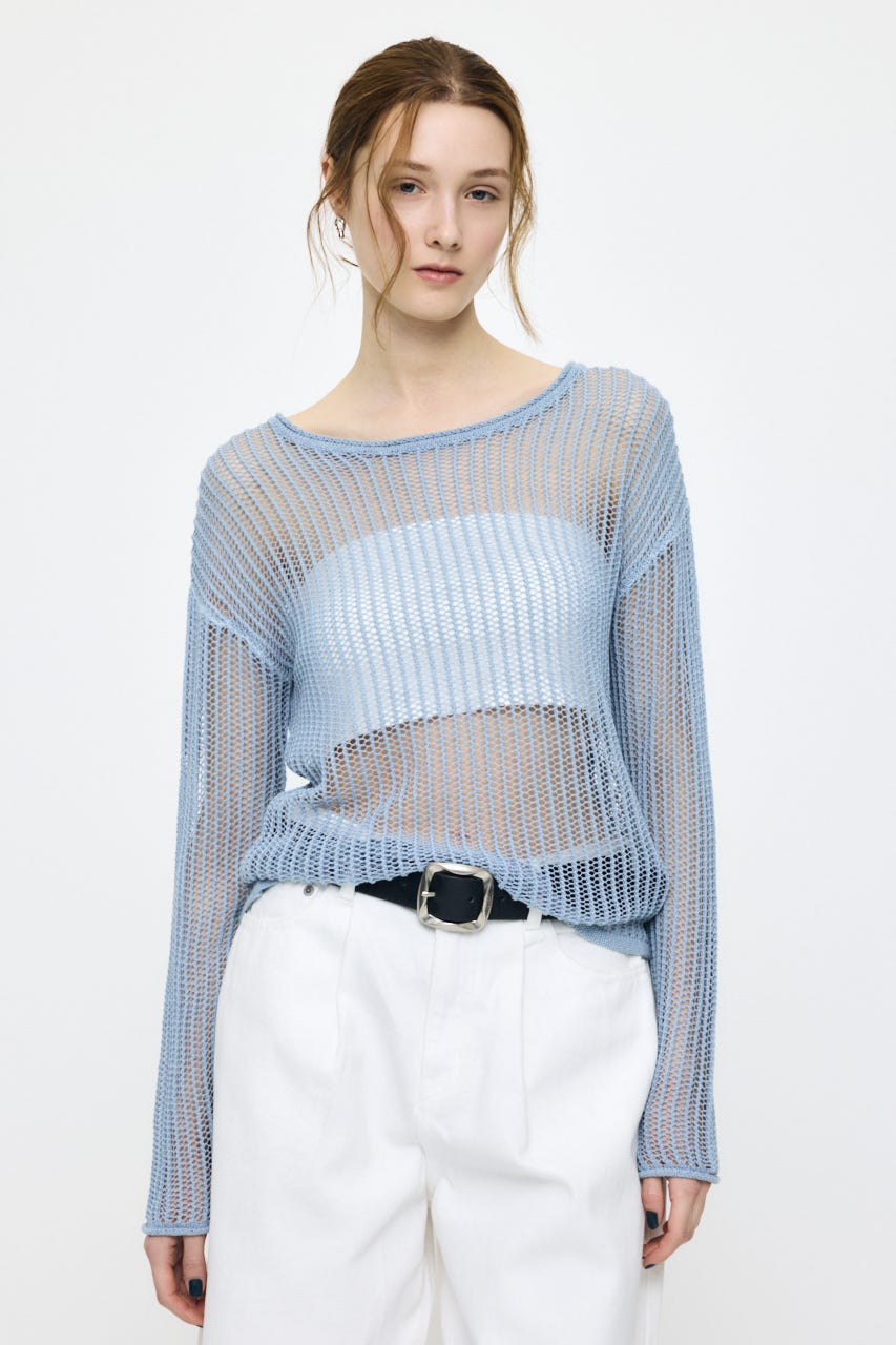 BOAT NECK MESH KNIT トップス L/BLU FREE