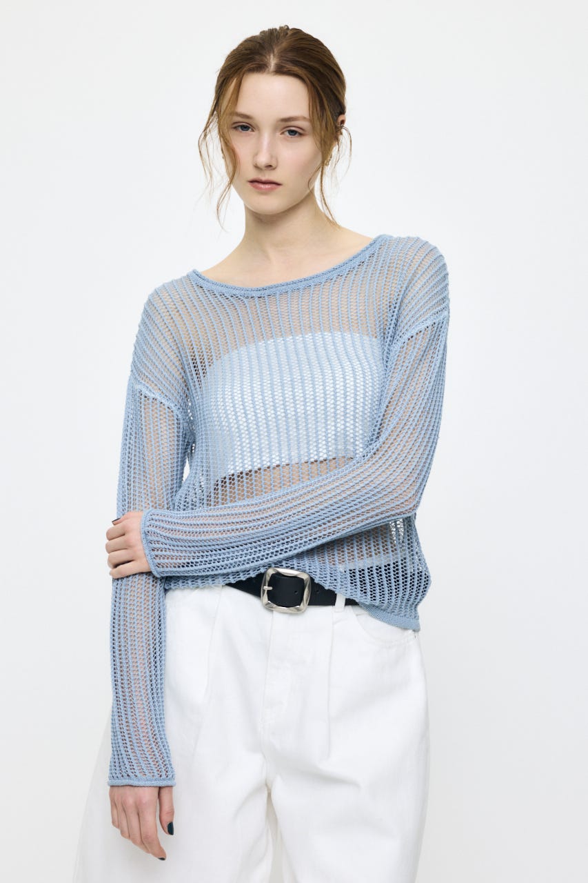 BOAT NECK MESH KNIT トップス L/BLU FREE