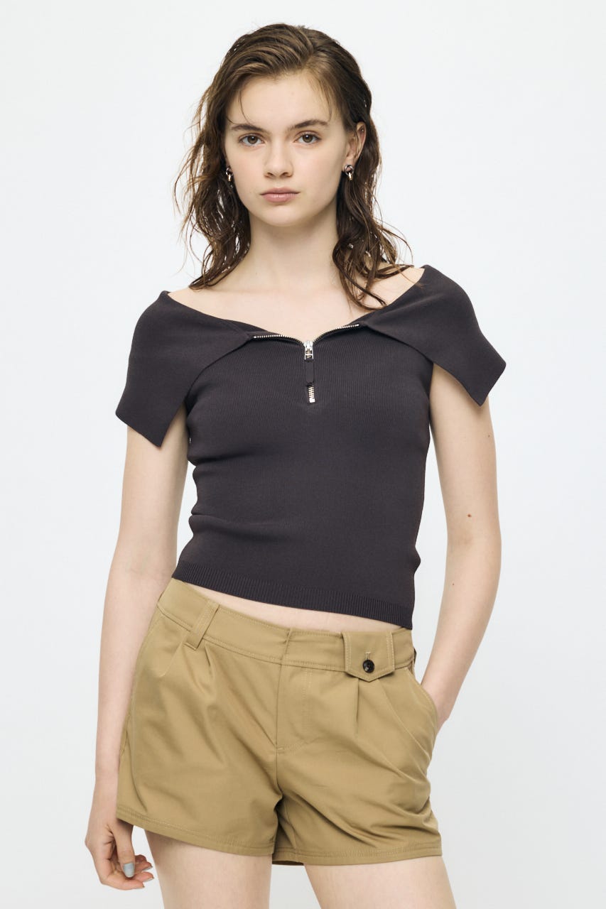OFF SHOULDER HALF ZIP ニットトップス BRN FREE