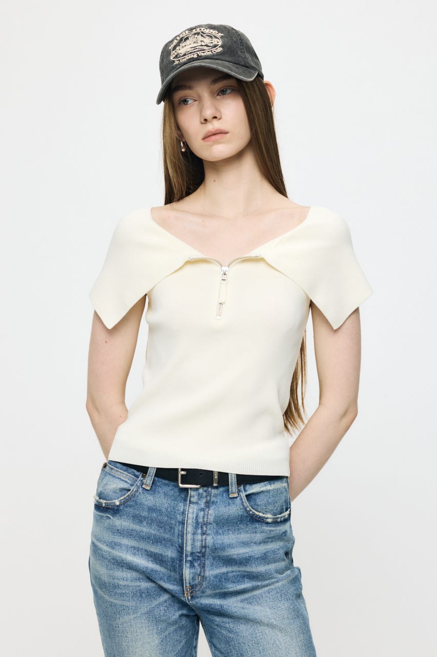OFF SHOULDER HALF ZIP ニットトップス ECRU FREE