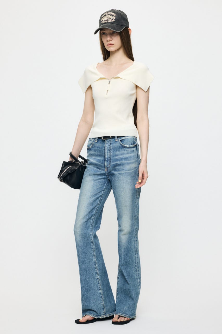 OFF SHOULDER HALF ZIP ニットトップス ECRU FREE