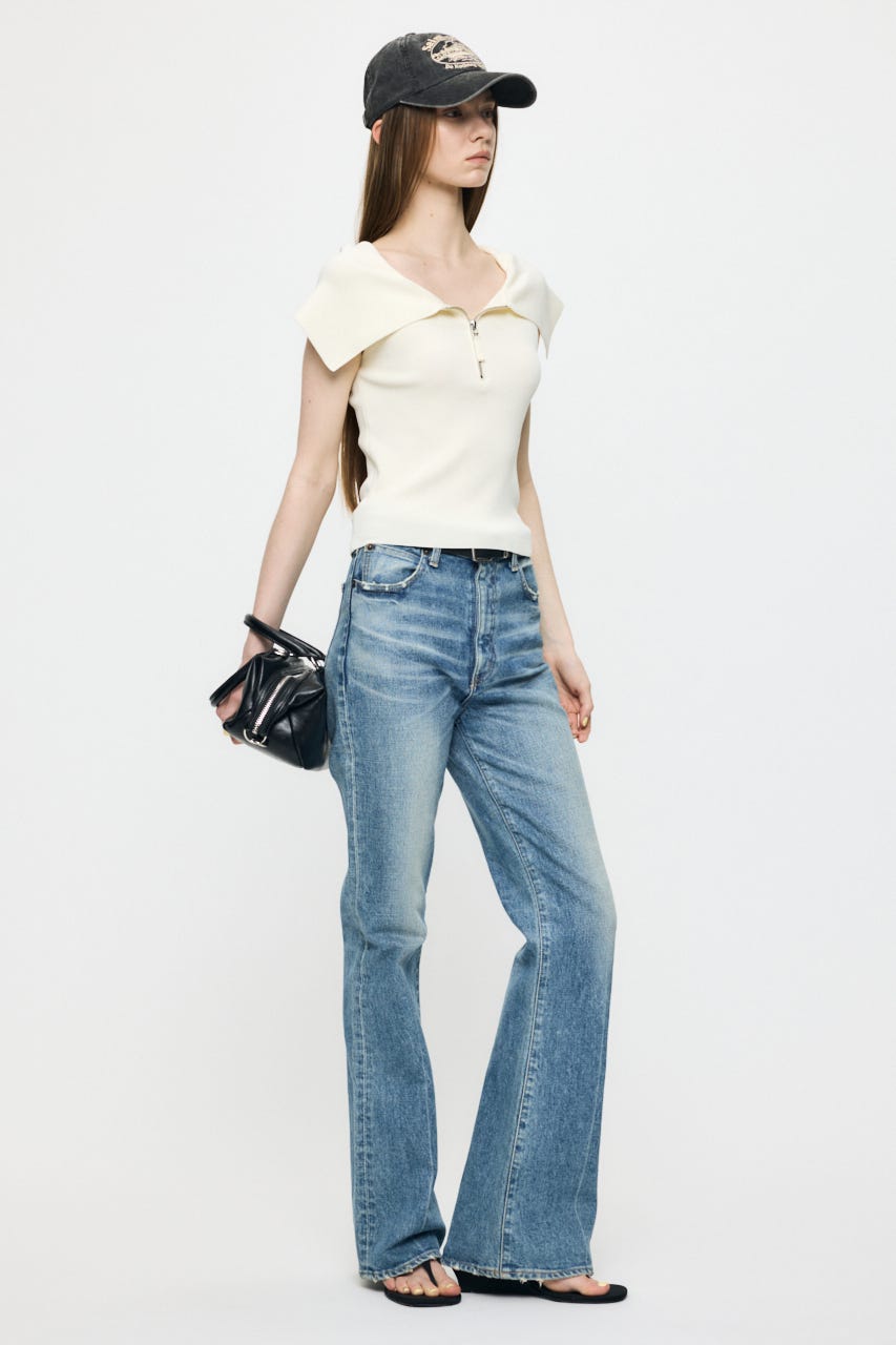 OFF SHOULDER HALF ZIP ニットトップス ECRU FREE