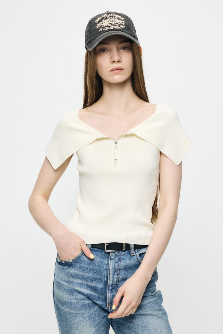 OFF SHOULDER HALF ZIP ニットトップス ECRU FREE