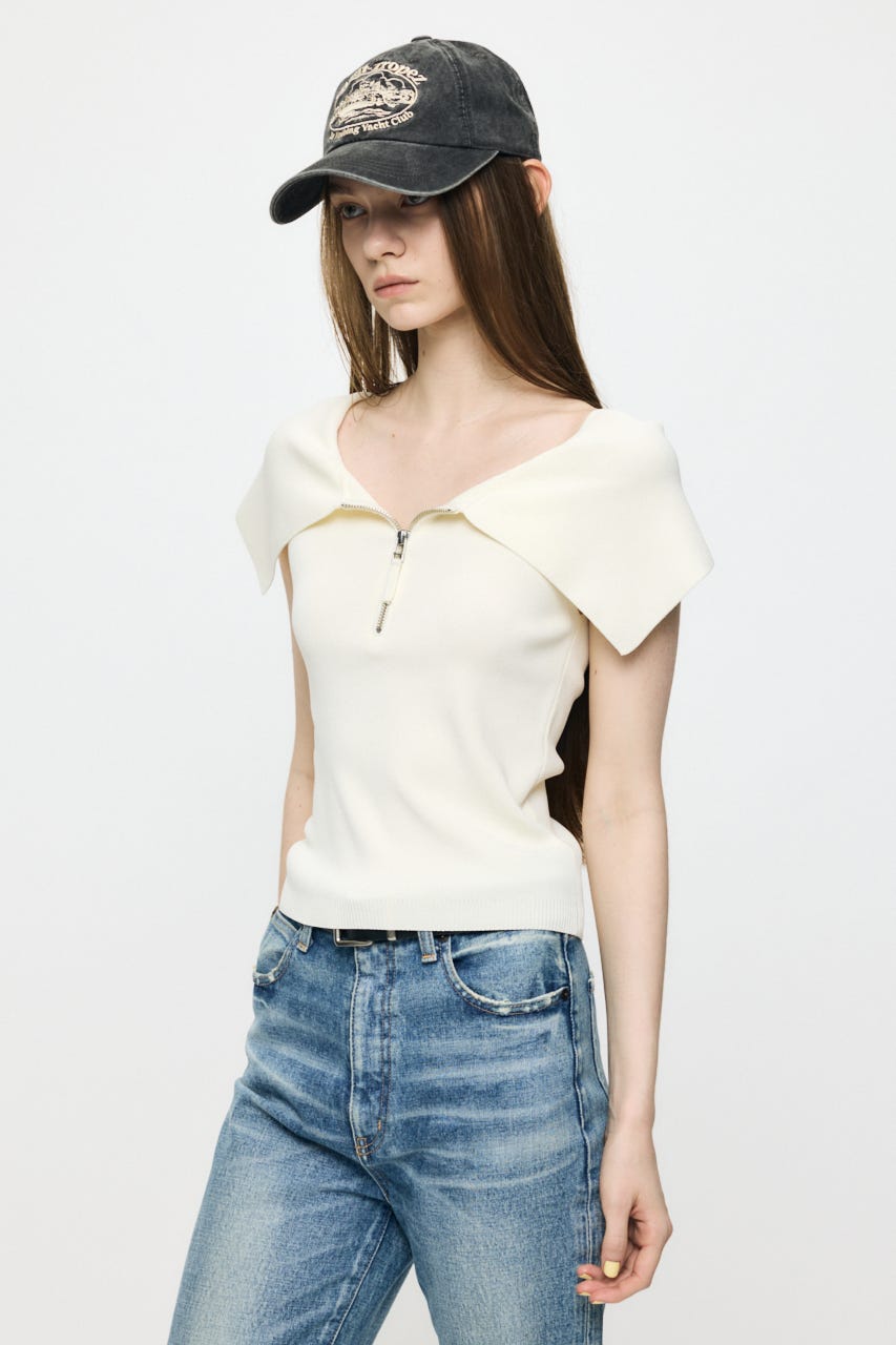 OFF SHOULDER HALF ZIP ニットトップス ECRU FREE