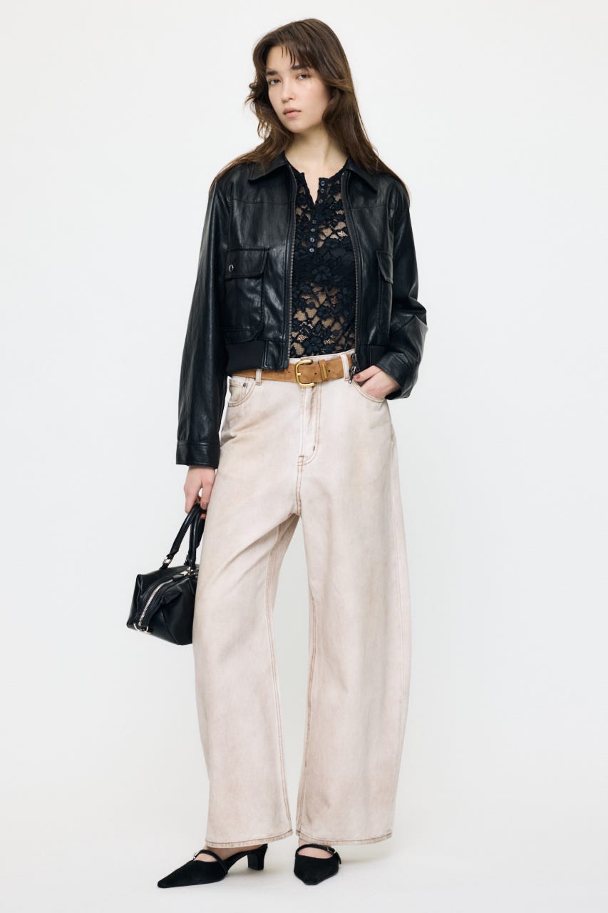 LACE HENRY NECK トップス BLK FREE