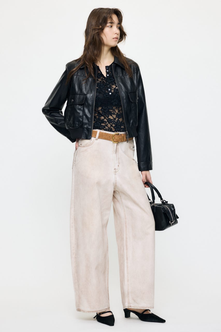 LACE HENRY NECK トップス BLK FREE