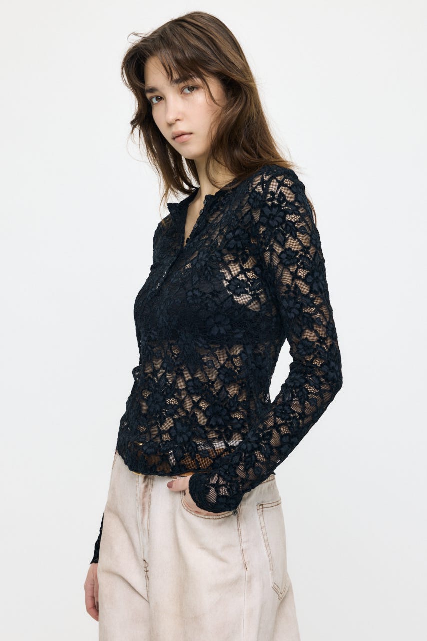 LACE HENRY NECK トップス BLK FREE